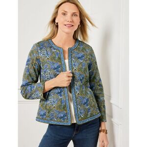 Talbots Womens Large Quilted Floral Jacket Olive Blue Cotton Hook Eye ID4976